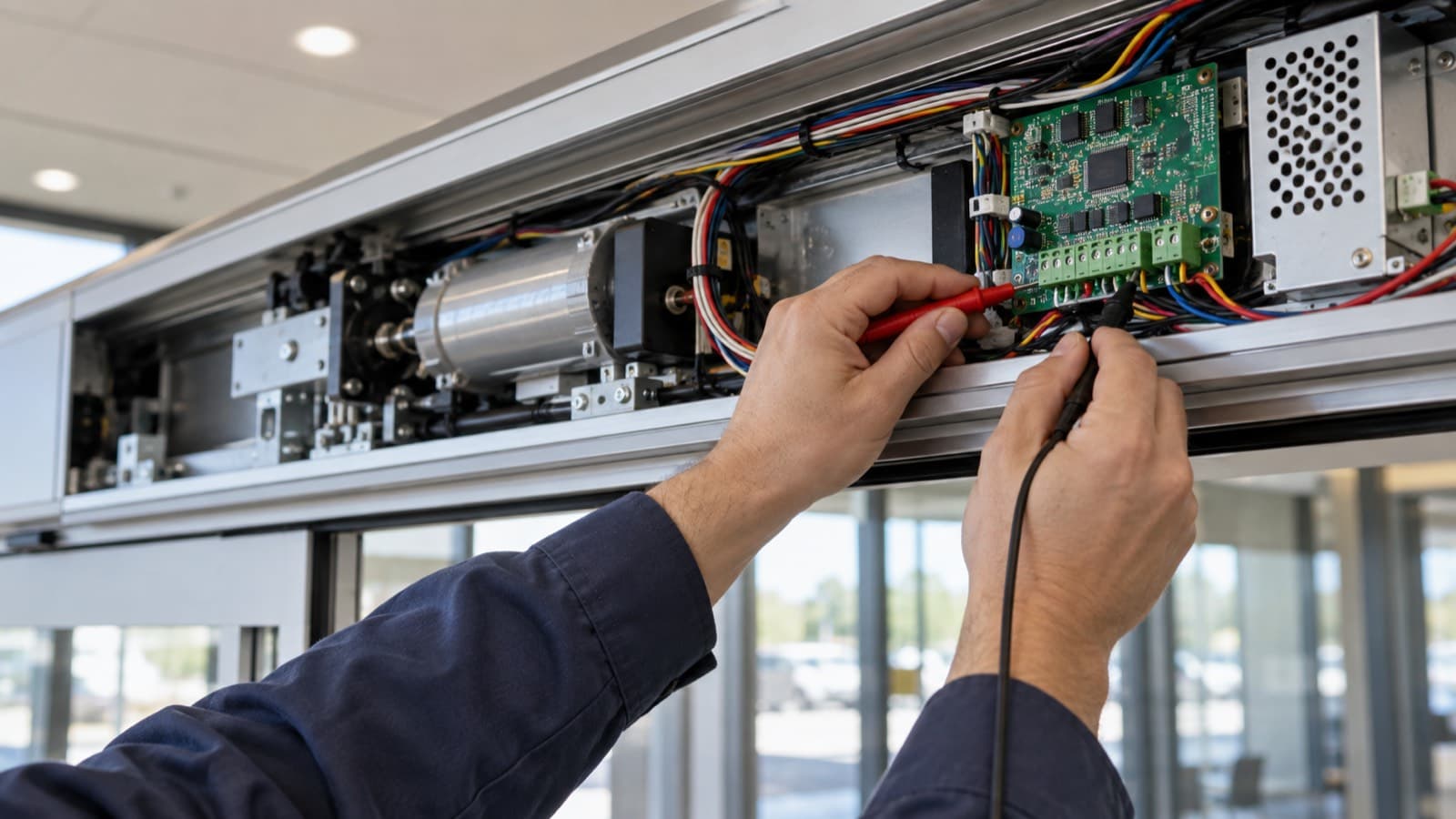 Technician inspecting an automatic door control board and wiring