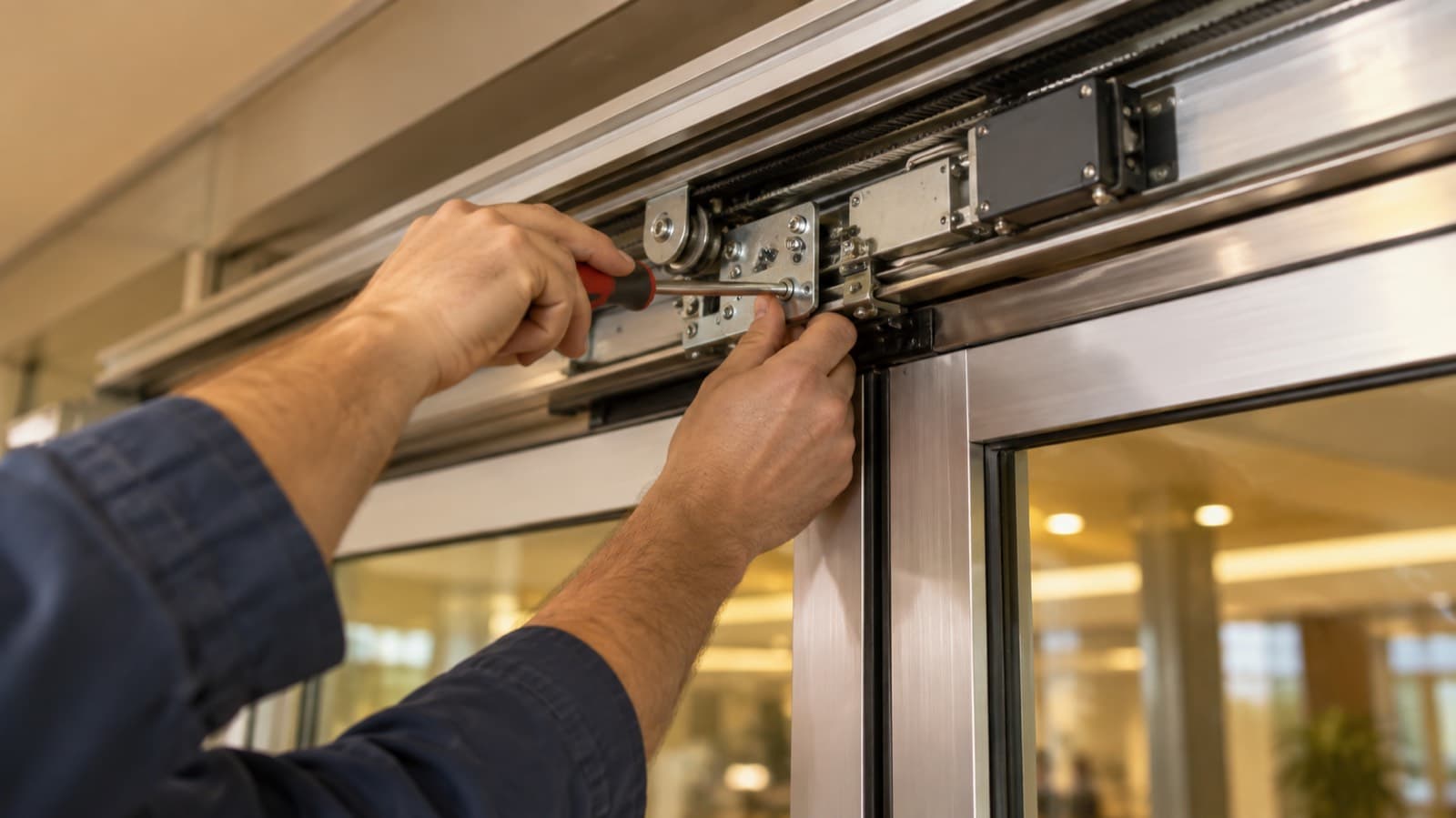 Technician adjusting the header mechanism of an automatic sliding door